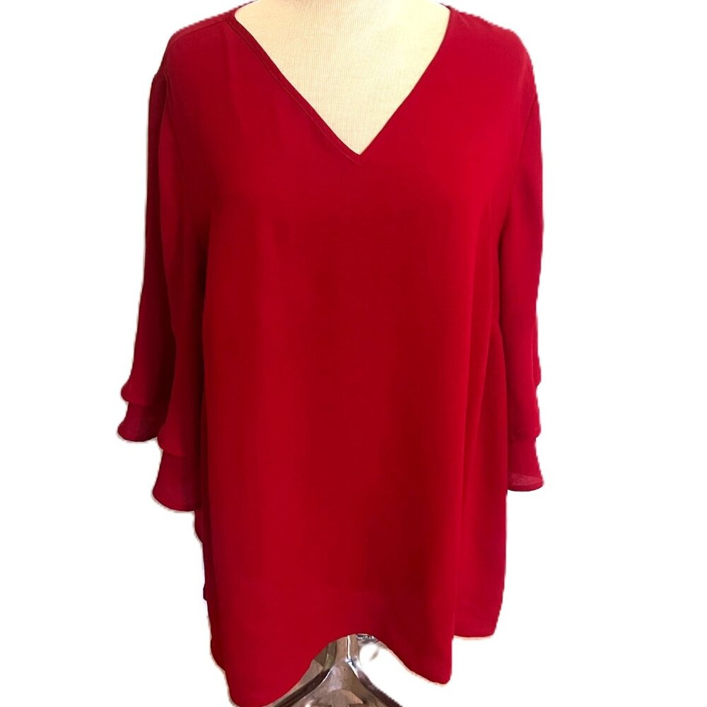 Catherines Womens Tunic Blouse Shirt Top Size 1X Red Flounce Layered 3/4 Sleeve